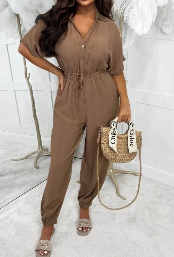 Women COPPEROSE Jumpsuits<Urban Attire Brown Button Front Hareem Belted Jumpsuit