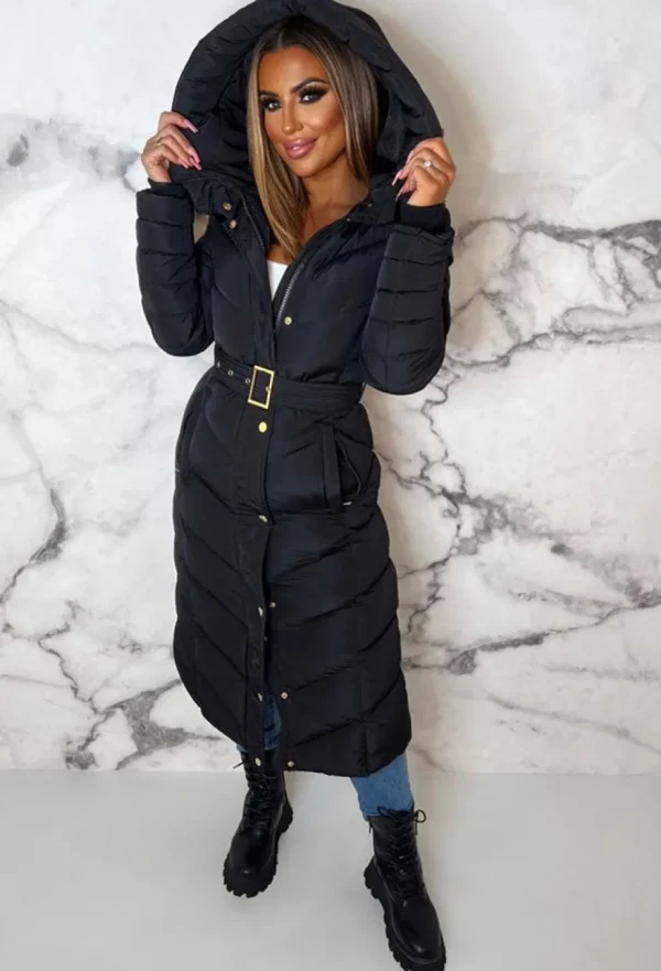 Women BE YOU Coats And Jackets<Urban Chic Black Chevron Belted Hooded Fleece Lined Padded Coat