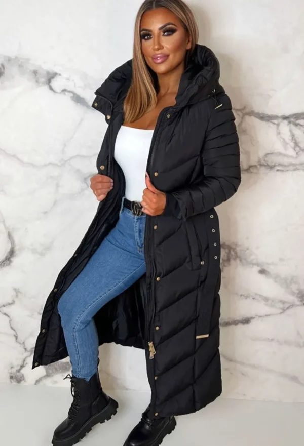 Women BE YOU Coats And Jackets<Urban Chic Black Chevron Belted Hooded Fleece Lined Padded Coat