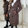 Women BE YOU Coats And Jackets<Urban Chic Brown Chevron Belted Hooded Fleece Lined Padded Coat