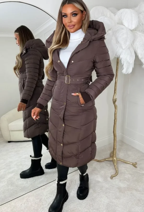 Women BE YOU Coats And Jackets<Urban Chic Brown Chevron Belted Hooded Fleece Lined Padded Coat