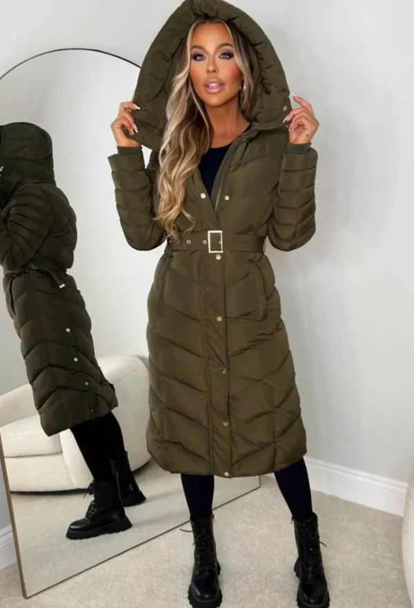 Women BE YOU Coats And Jackets<Urban Chic Khaki Chevron Belted Hooded Fleece Lined Padded Coat