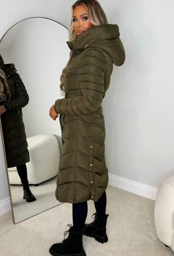 Women BE YOU Coats And Jackets<Urban Chic Khaki Chevron Belted Hooded Fleece Lined Padded Coat