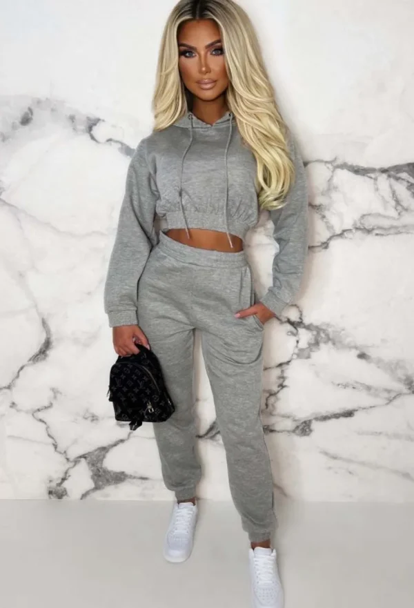 Women STYLEWISE Loungewear<Urban Lounge Grey Cropped Hooded Two Piece Loungewear Set