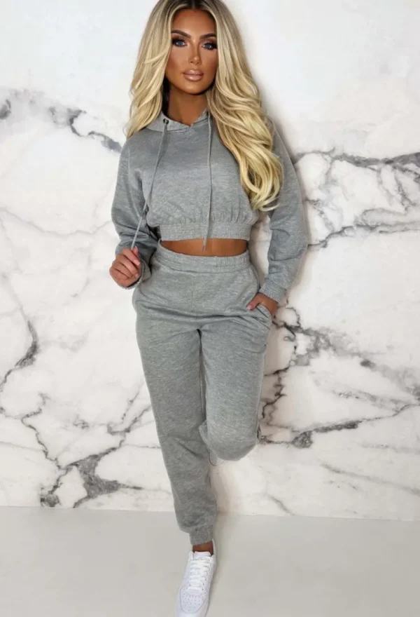 Women STYLEWISE Loungewear<Urban Lounge Grey Cropped Hooded Two Piece Loungewear Set