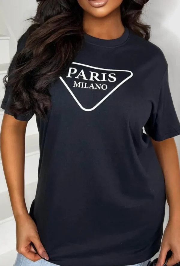 Women Stylewise Tops<Vibing In Paris Black Paris Printed T-Shirt