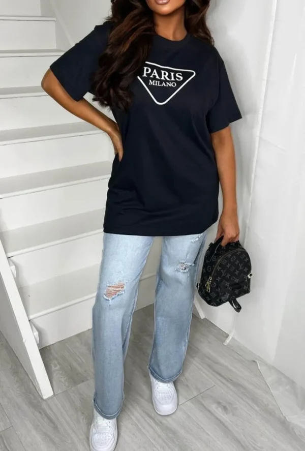 Women Stylewise Tops<Vibing In Paris Black Paris Printed T-Shirt