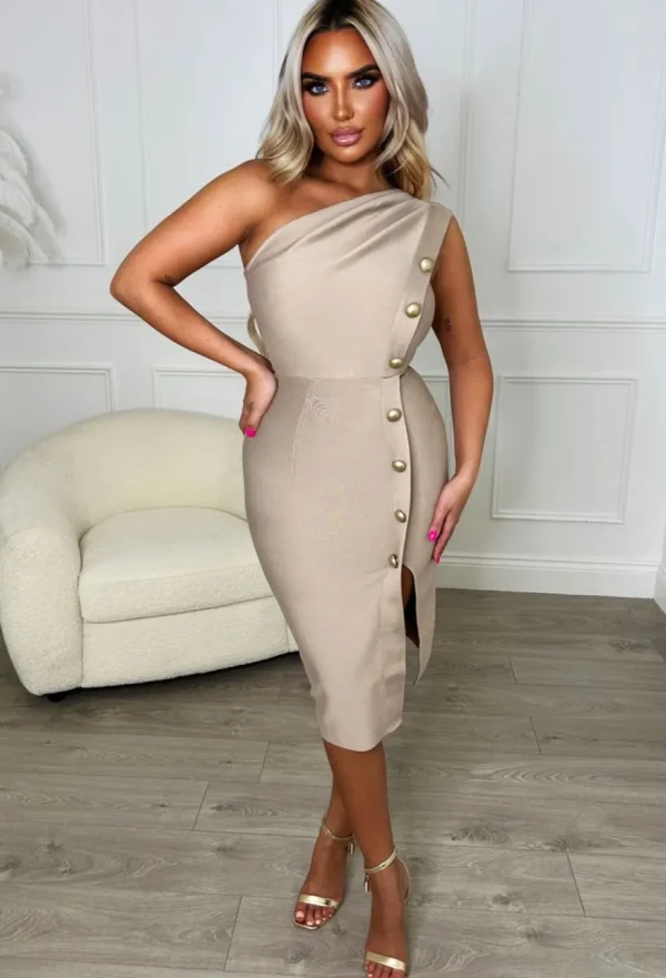 Women FP u0026 CO Bandage<Vip Standard Nude Premium One Shoulder Button Detail Midi Dress