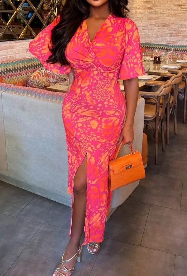 Women NBA Dresses<Vivid Glamour Coral Printed Knot Front Midi Dress