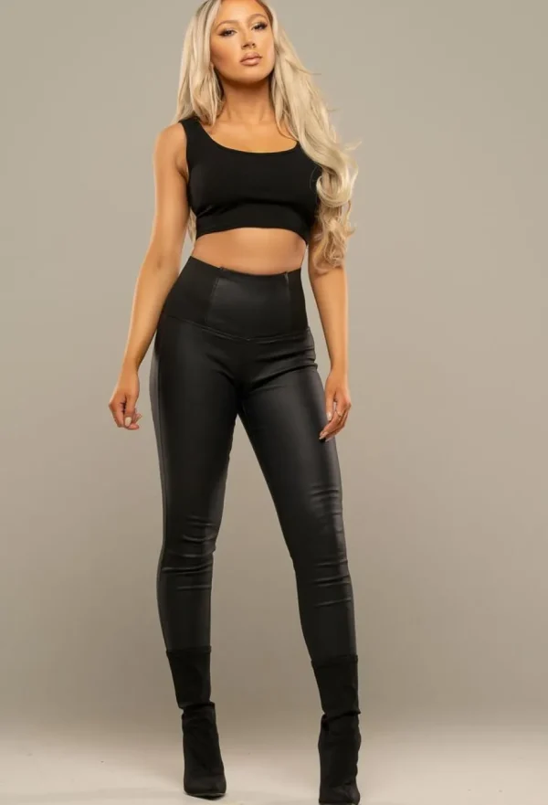 Women PINK BOUTIQUE UK Trousers & Leggings<Waist Cincher Black Elasticated Faux Leather High Rise Leggings