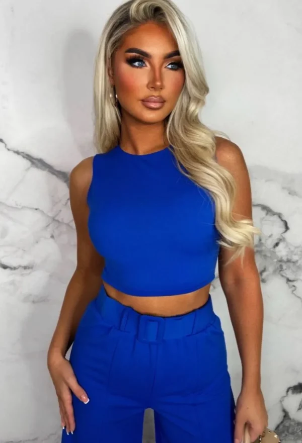 Women CHIC AND KLASSY Co-Ords<Wall Street Chic Cobalt Super Stretch Belted Wide Leg Trouser Co-Ord Set