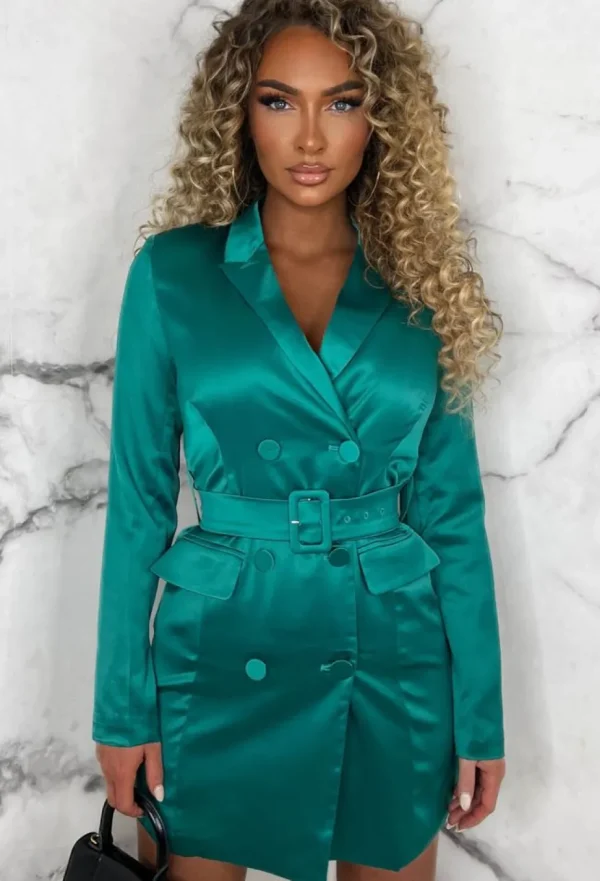 Women EIGHT PARIS Dresses<Wall Street Glam Green Satin Belted Blazer Dress