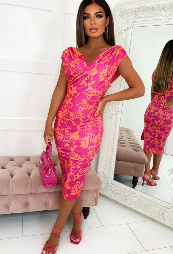 Women VJK Summer Dresses<Wish Come True Orange Floral Midi Dress