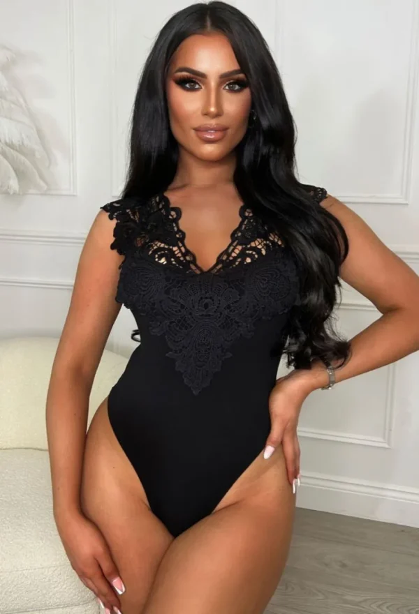 Women BY MAY Bodysuits<Worth It All Black Crochet Bodysuit