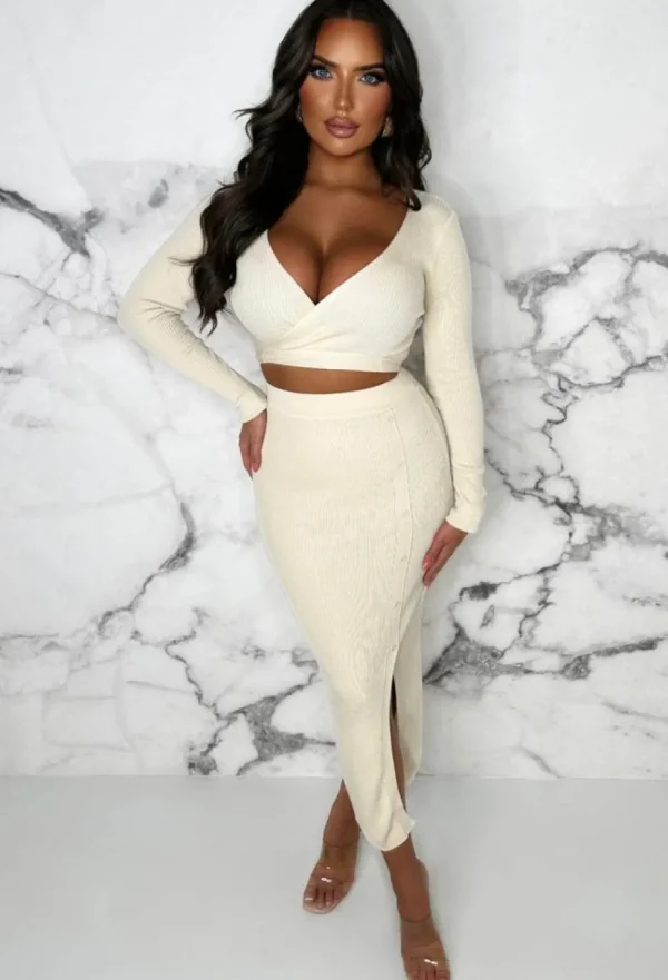 Women MOOCCI Knitwear<Wrap Me Up Cream Top And Midi Skirt Knitted Co-Ord Set