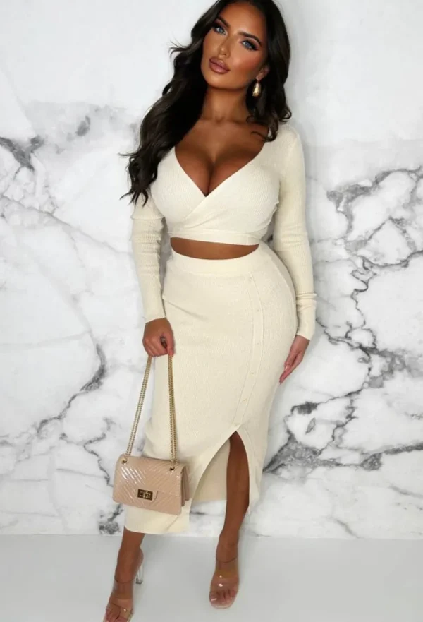 Women MOOCCI Knitwear<Wrap Me Up Cream Top And Midi Skirt Knitted Co-Ord Set