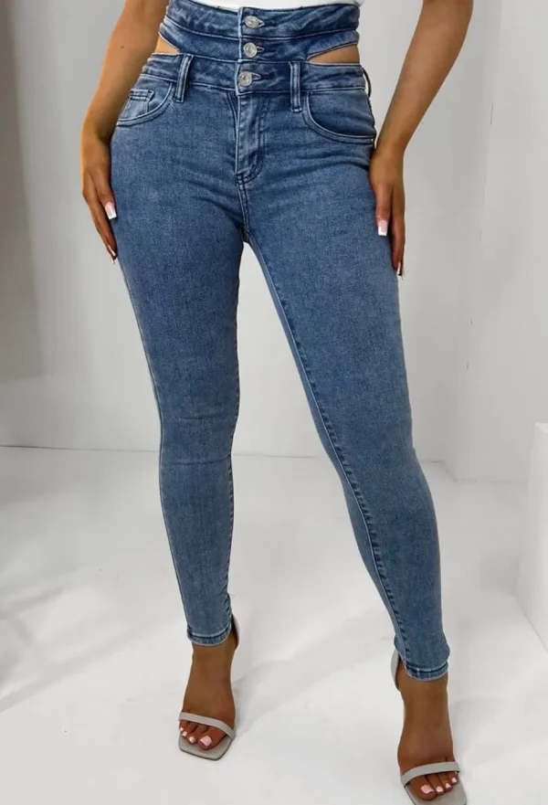 Women LA BELLE Jeans<Wrapped In Desire Mid Blue Cut Out High Waisted Stretch Skinny Jeans