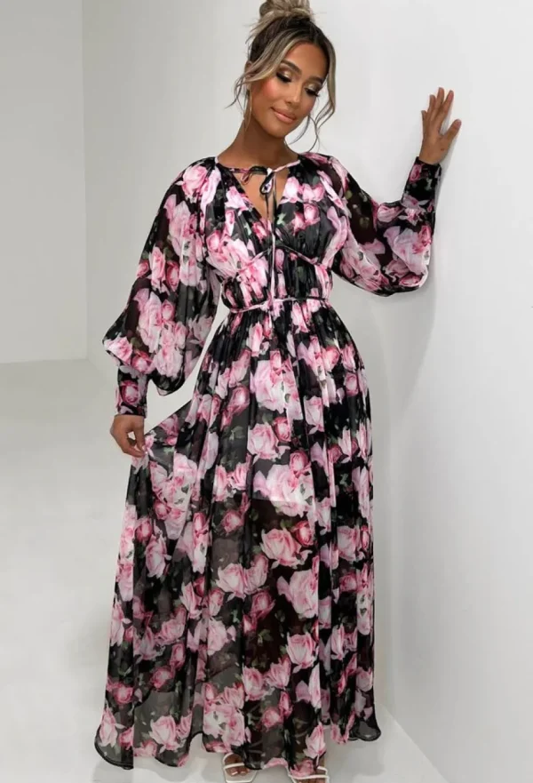 Women DANITY Dresses<Your Love Affair Black Floral Chiffon Long Sleeve Maxi Dress