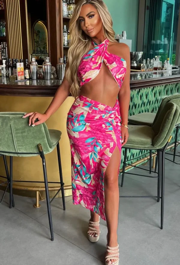 Women INFINITY Co-Ords<Your Paradise Pink Tropical Halterneck Bandeau Midi Skirt Co-Ord Set