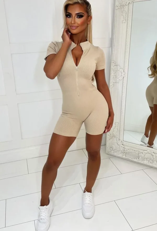 Women BE YOU Loungewear<Zip It Beige Sculpting Athleisure Unitard Playsuit