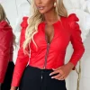 Women J5 FASHION Coats And Jackets<Zip Tight Red Faux Leather Puff Sleeve Collarless Zip Jacket